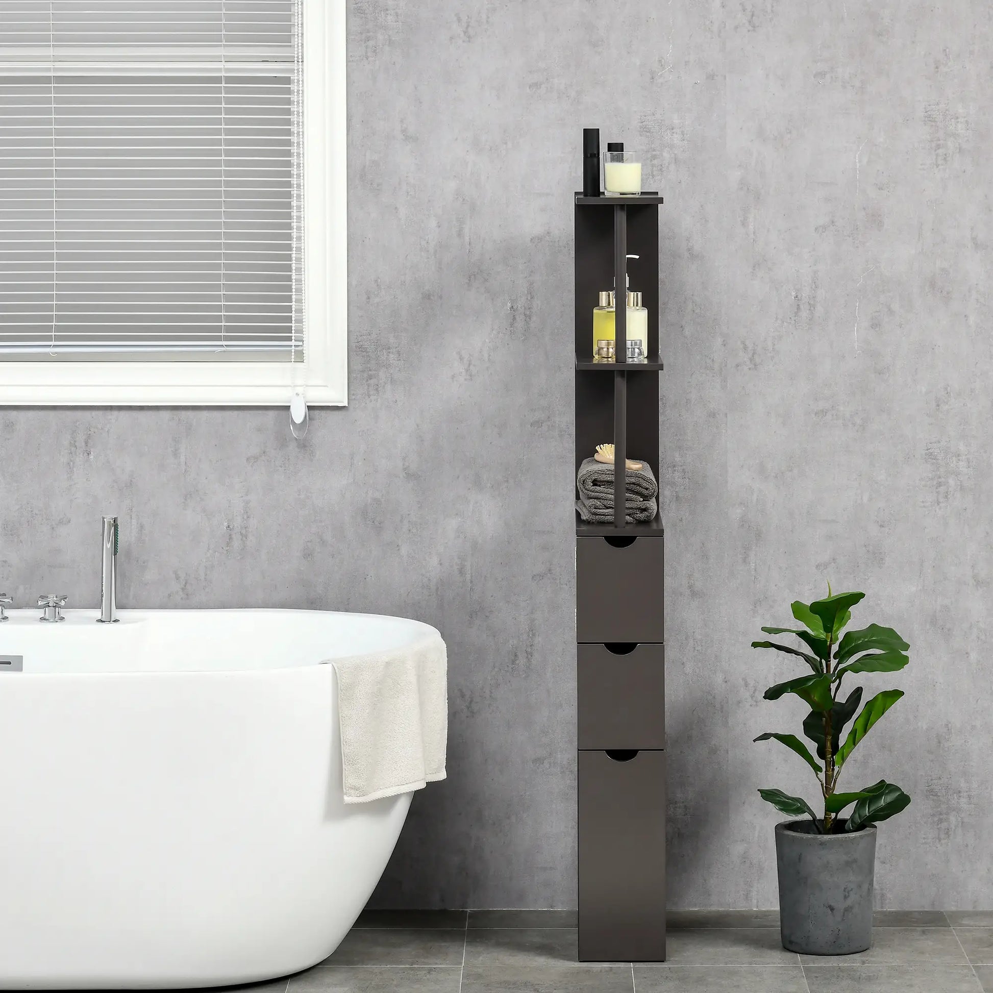 Tall Narrow Bathroom Storage Cabinet with Drawers, Open Shelves, Brown Bathroom Cabinets at Gallery Canada