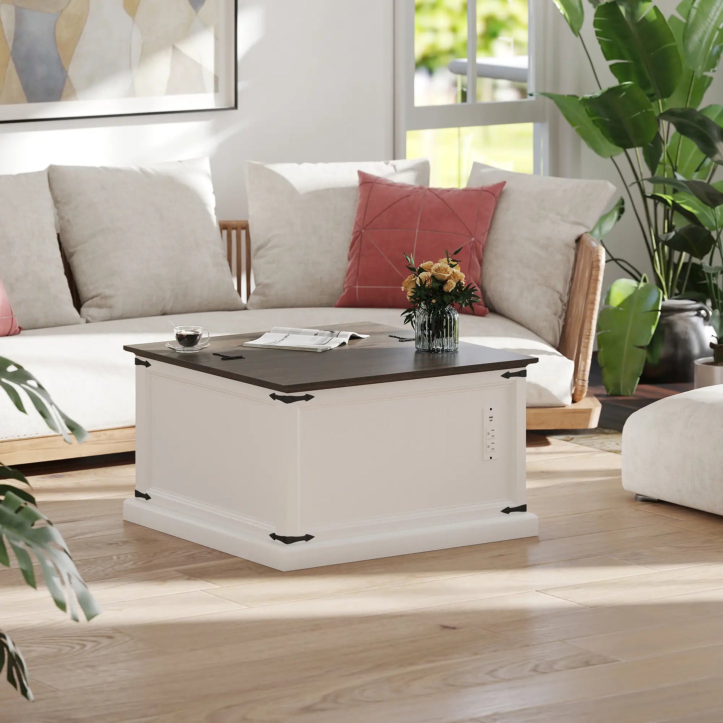 Lift Top Coffee Table, Square Farmhouse Center Table, White Wood Grain, White Coffee Tables at Gallery Canada