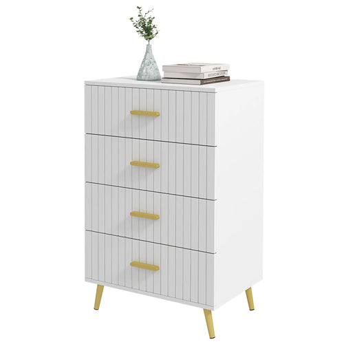 4 Drawer Cabinet, Bedroom Chest of Drawers, Aluminium Legs, Gold Handles, White