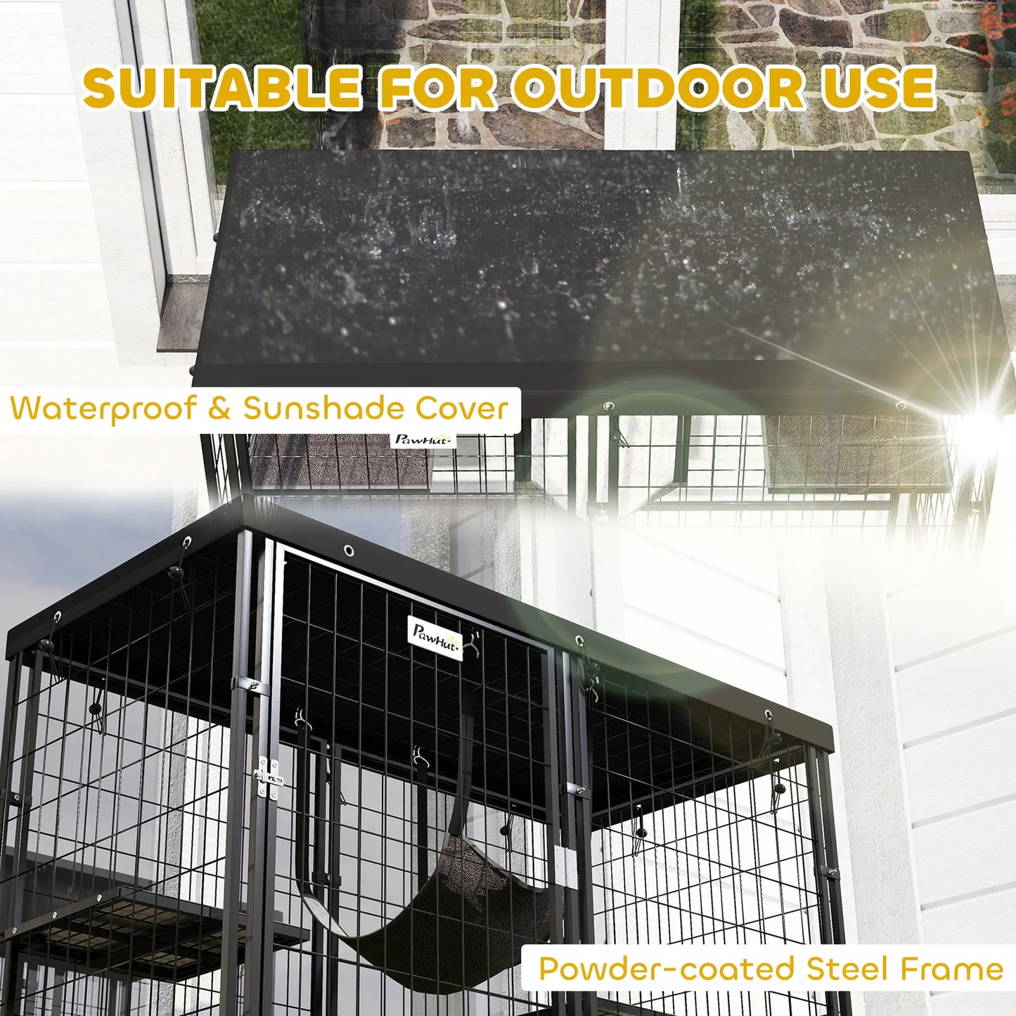 Metal Cat Cage, Waterproof Cover, 4 Platforms, Hammock, 46.5" x 22" x 62", Black Outdoor Cat Enclosures at Gallery Canada
