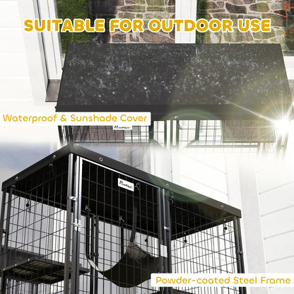 Metal Cat Cage, Waterproof Cover, 4 Platforms, Hammock, 46.5" x 22" x 62", Black Outdoor Cat Enclosures at Gallery Canada