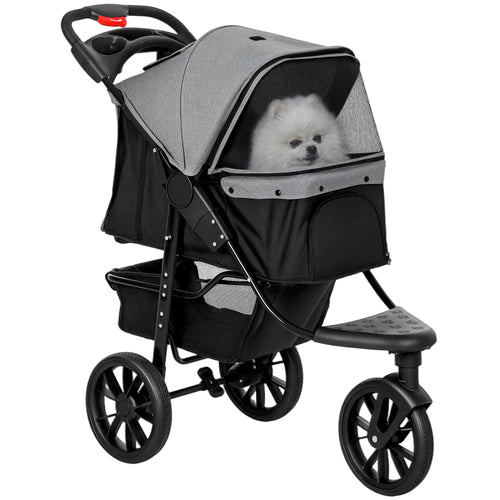 3 Wheel Folding Dog Stroller, Adjustable Canopy, Storage Brake, Mesh Window, for S&M Dogs, Grey
