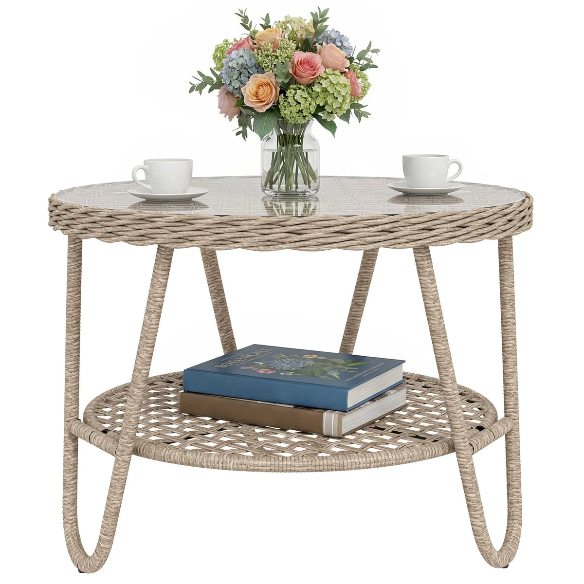 Rattan Outdoor Coffee Table, 2-Tier Small Garden Side Table, Tempered Glass Top Patio Side Tables at Gallery Canada