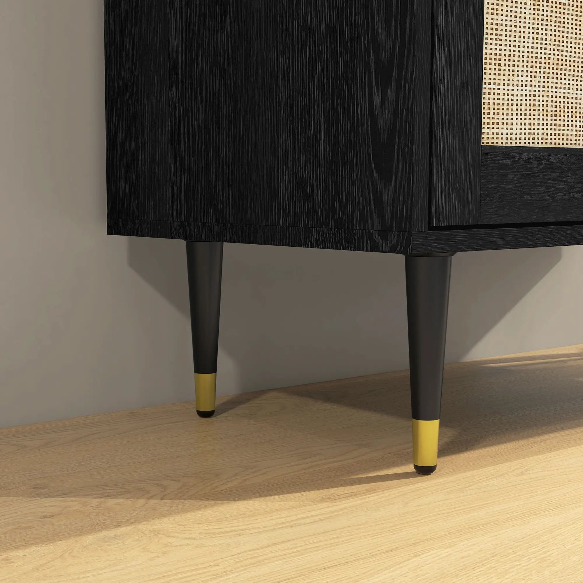 Boho Buffet Cabinet, Adjustable Shelf, Rattan Doors, 42 Inches, Black Kitchen Pantry Cabinets at Gallery Canada