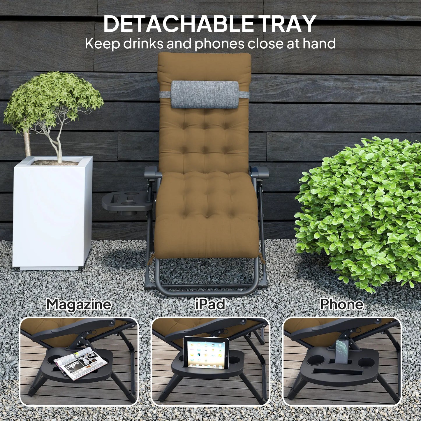 Padded Folding Recliner Chair, Adjustable Backrest, Removable Cushion, Light Khaki Lounger Chairs at Gallery Canada