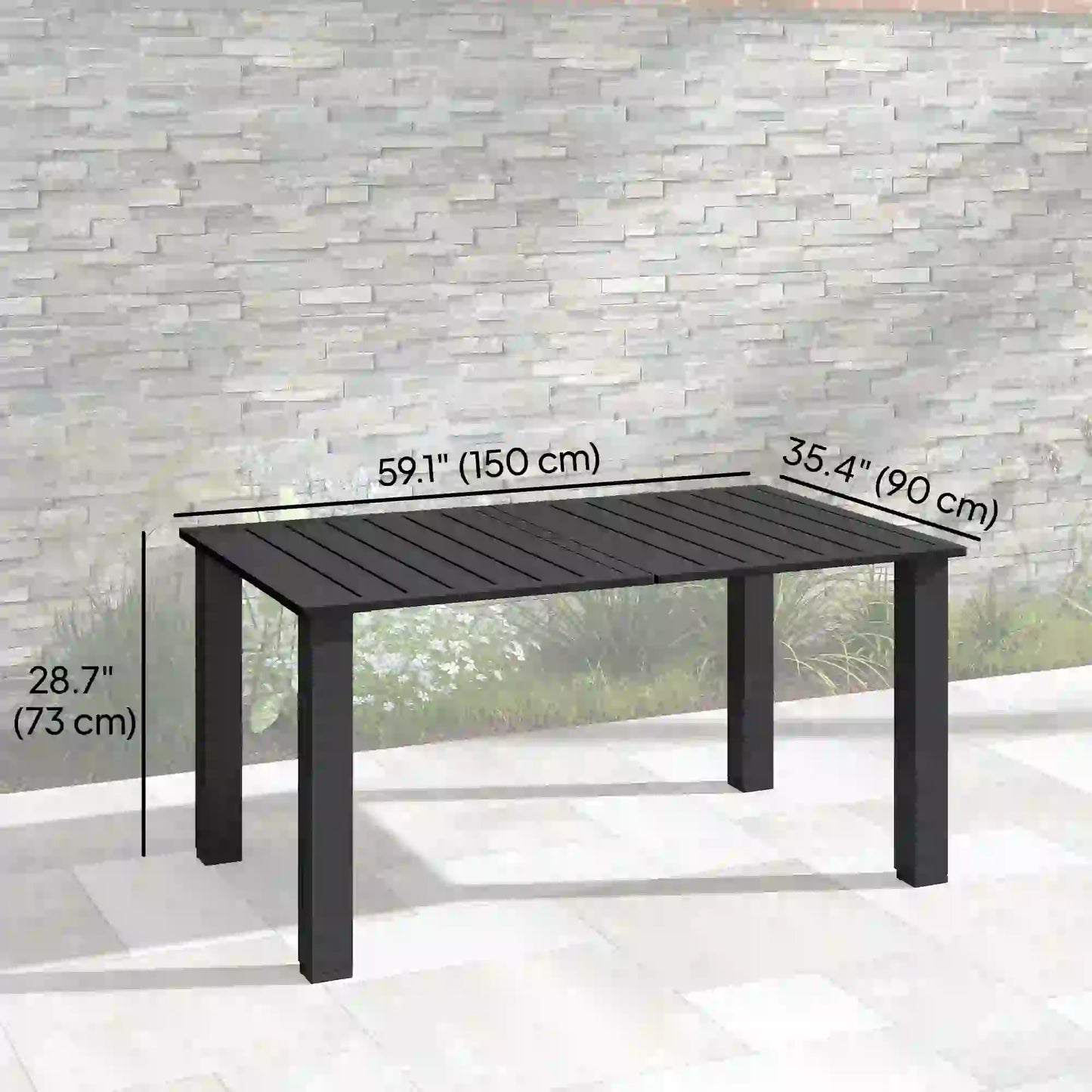 59" Outdoor Patio Table With Umbrella Hole, Slatted Tabletop, Black Patio Dining Tables at Gallery Canada