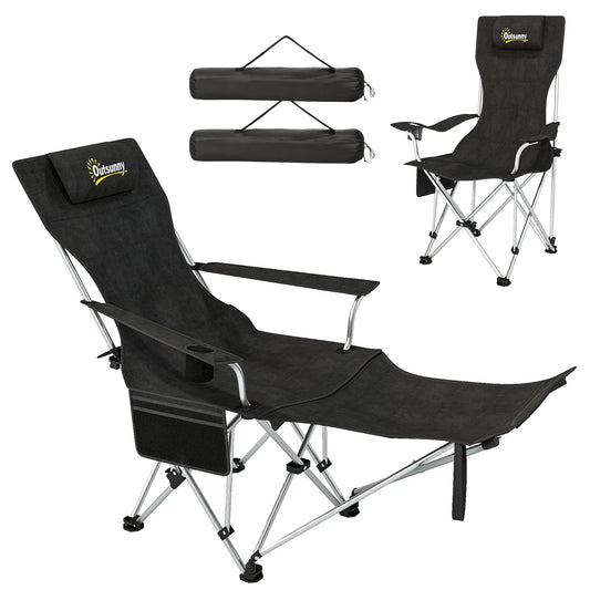 Set of 2 Reclining Camping Chairs with Foot Rest, Headrest, Cup Holder, Storage Bag, Black Picnic Tables & Camping Chairs Black at Gallery Canada