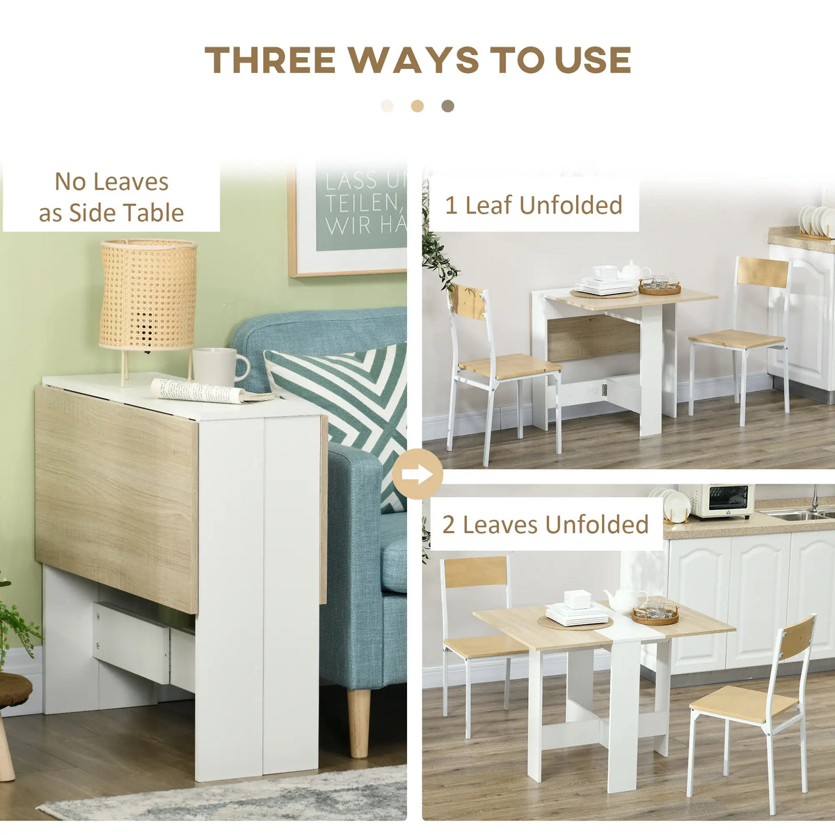 Drop Leaf Dining Table, Folding Wood Table, Multi-Use Side Table, White/Oak, White, Oak Bar Tables & Dining Tables at Gallery Canada