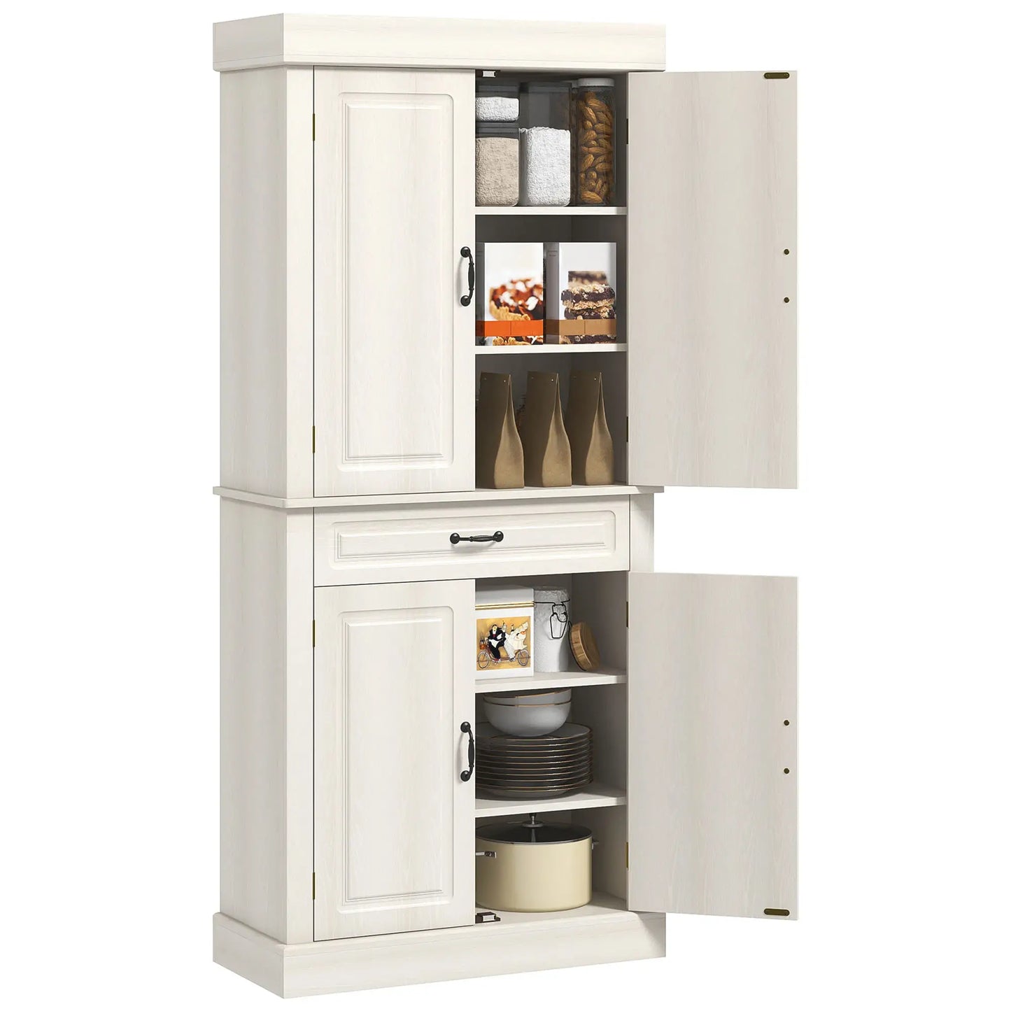 71" Freestanding Kitchen Pantry, 4 Doors 2 Cabinets, Distressed White, White