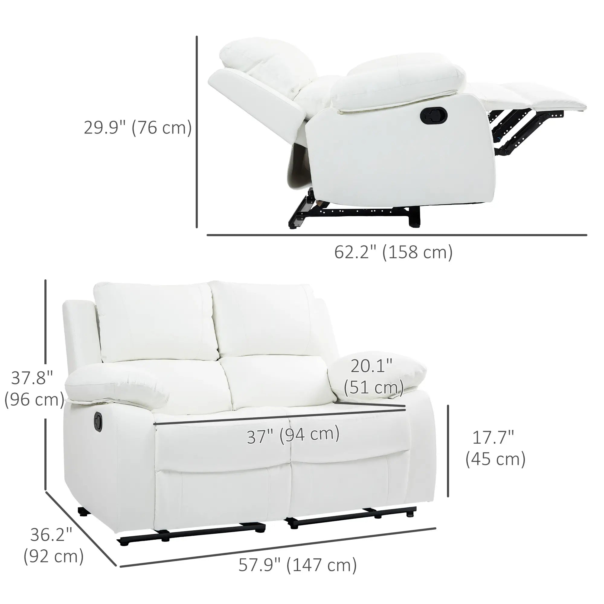 PU Leather Manual Recliner Sofa, Double Reclining Loveseat, White 2-Seater Sofas at Gallery Canada