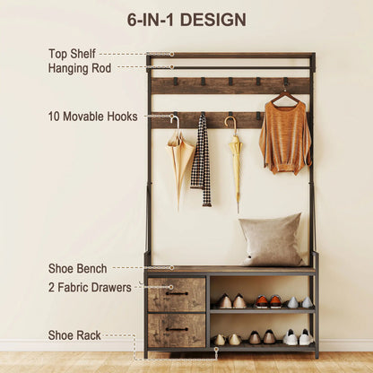 6-In-1 Hall Tree, Bench with Shoe Storage, 10 Hooks, 2 Fabric Drawers, Rustic Brown Clothing Storage at Gallery Canada