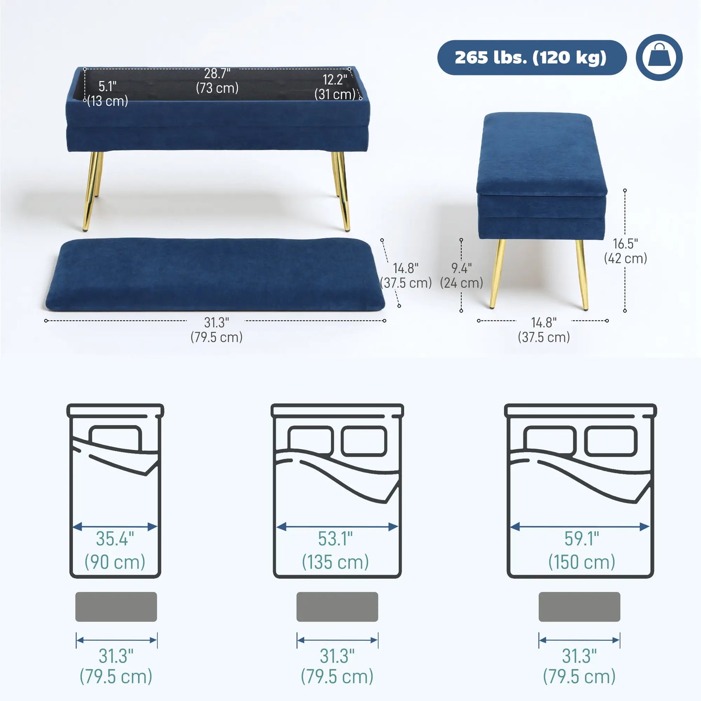 31" Velvet Storage Ottoman, Bed Bench With Steel Legs, Foot Stool, Velvet Storage Ottomans & Benches at Gallery Canada
