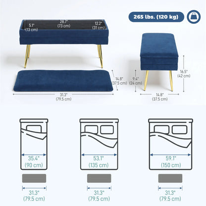 31" Velvet Storage Ottoman, Bed Bench With Steel Legs, Foot Stool, Velvet Storage Ottomans & Benches at Gallery Canada