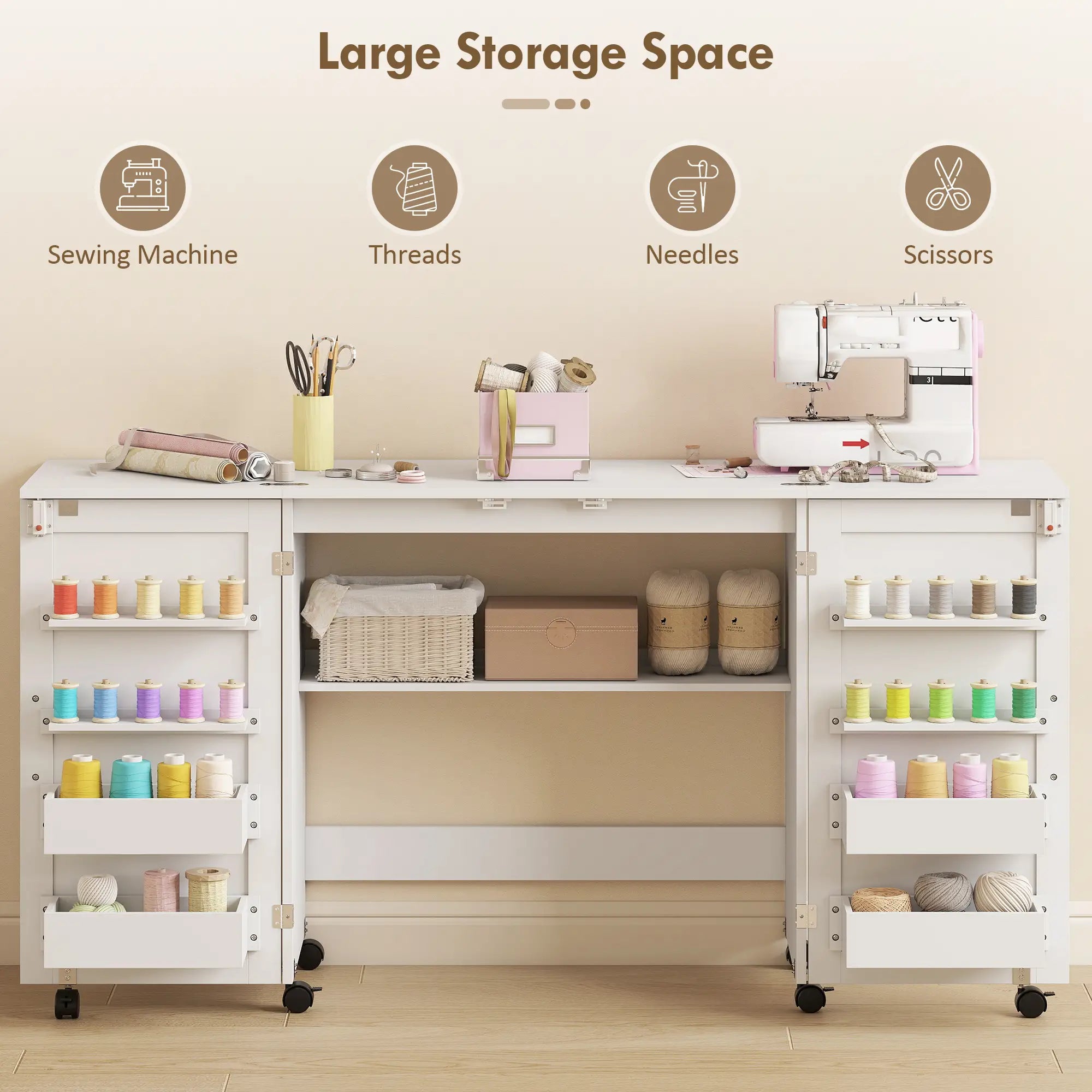 Folding Craft Table, Rolling Sewing Machine Table, Storage Shelf, White Sewing Cabinets at Gallery Canada