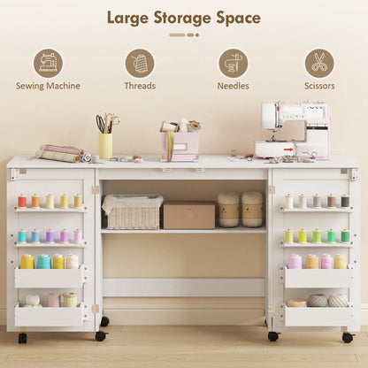 Folding Craft Table, Rolling Sewing Machine Table, Storage Shelf, White Sewing Cabinets at Gallery Canada