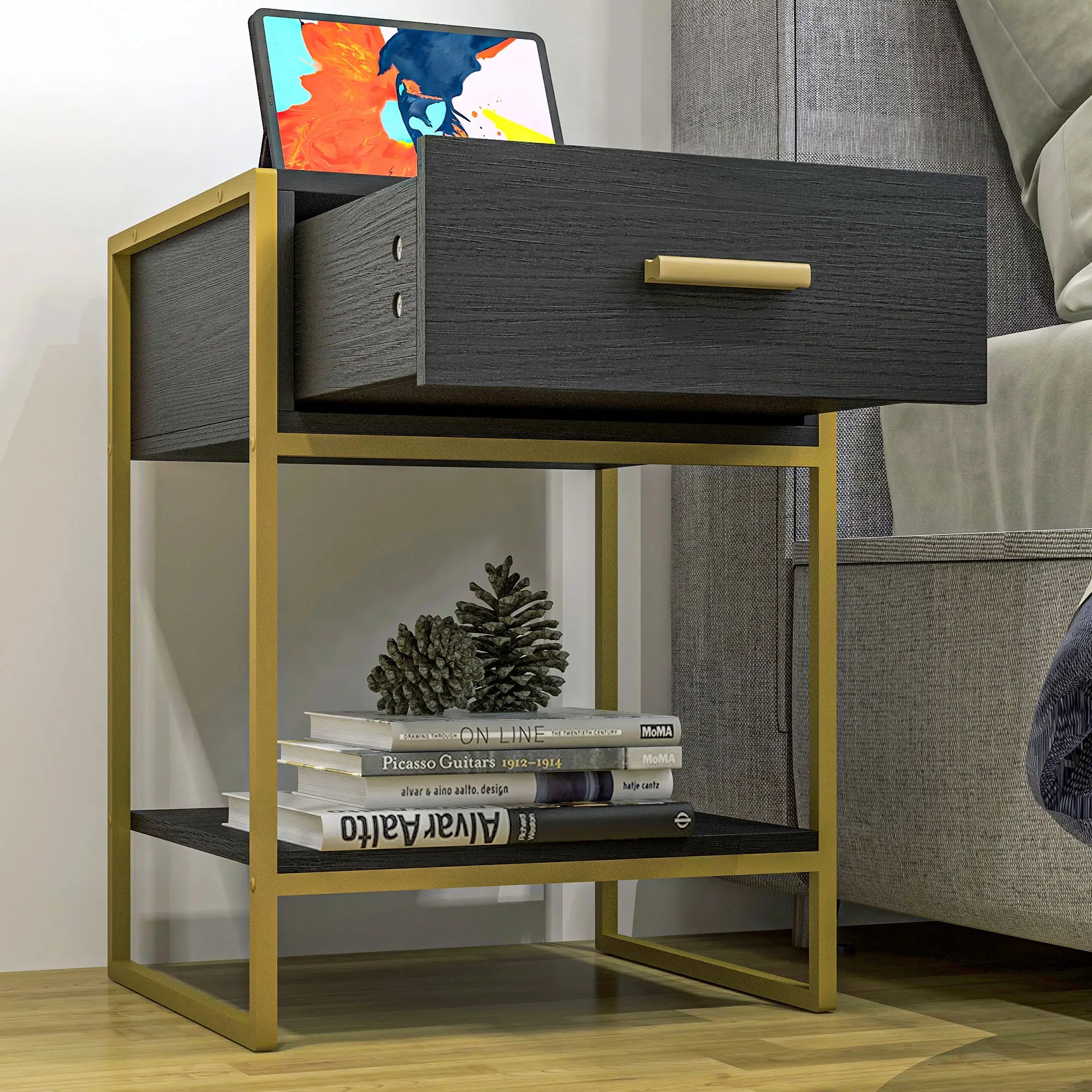 Modern Nightstand Set of 2, Small with Drawer, Shelf, Steel Frame, Black Bedside Tables at Gallery Canada