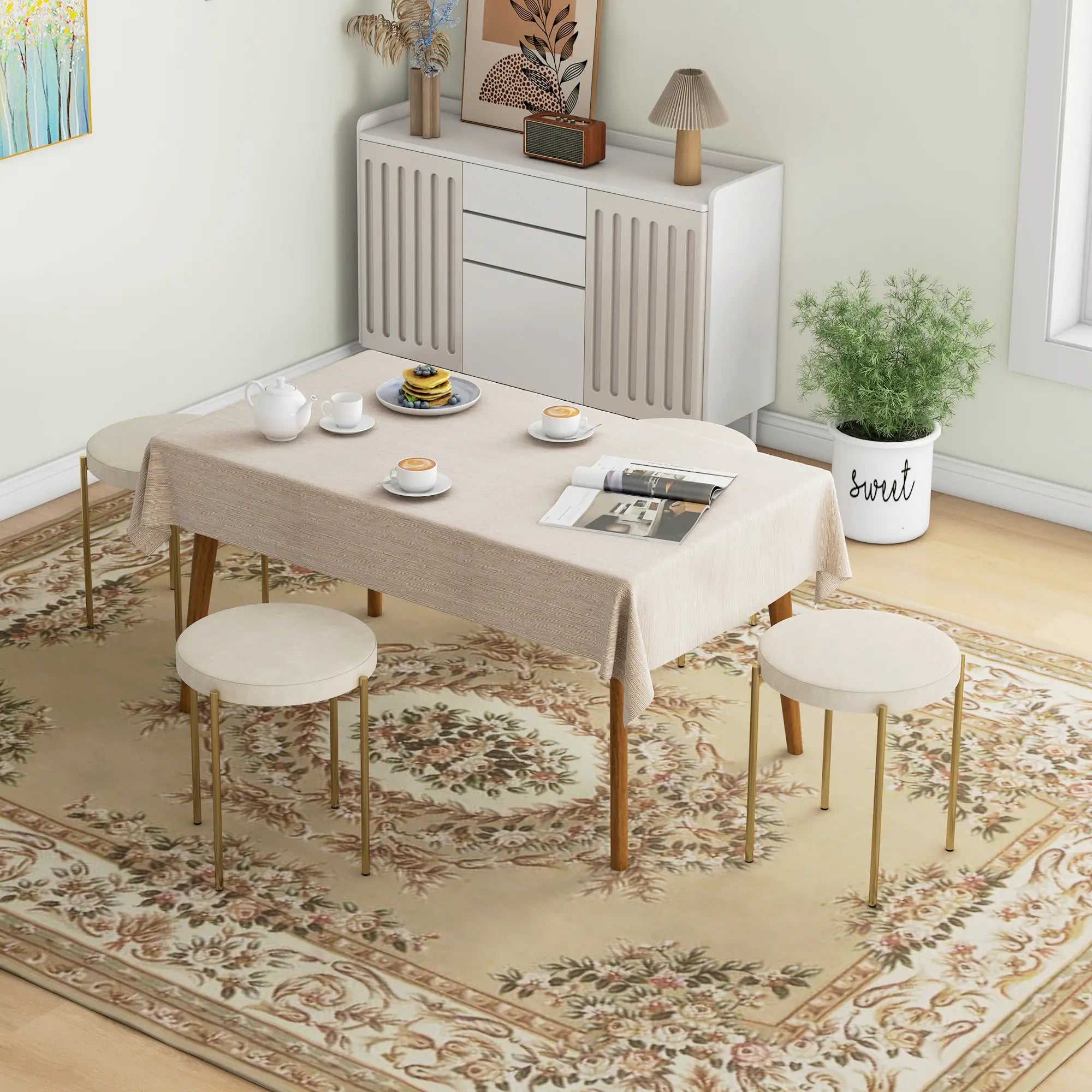 Round Backless Dining Chairs, Stacking Stools Set of 4, Cream White Dining Chairs at Gallery Canada