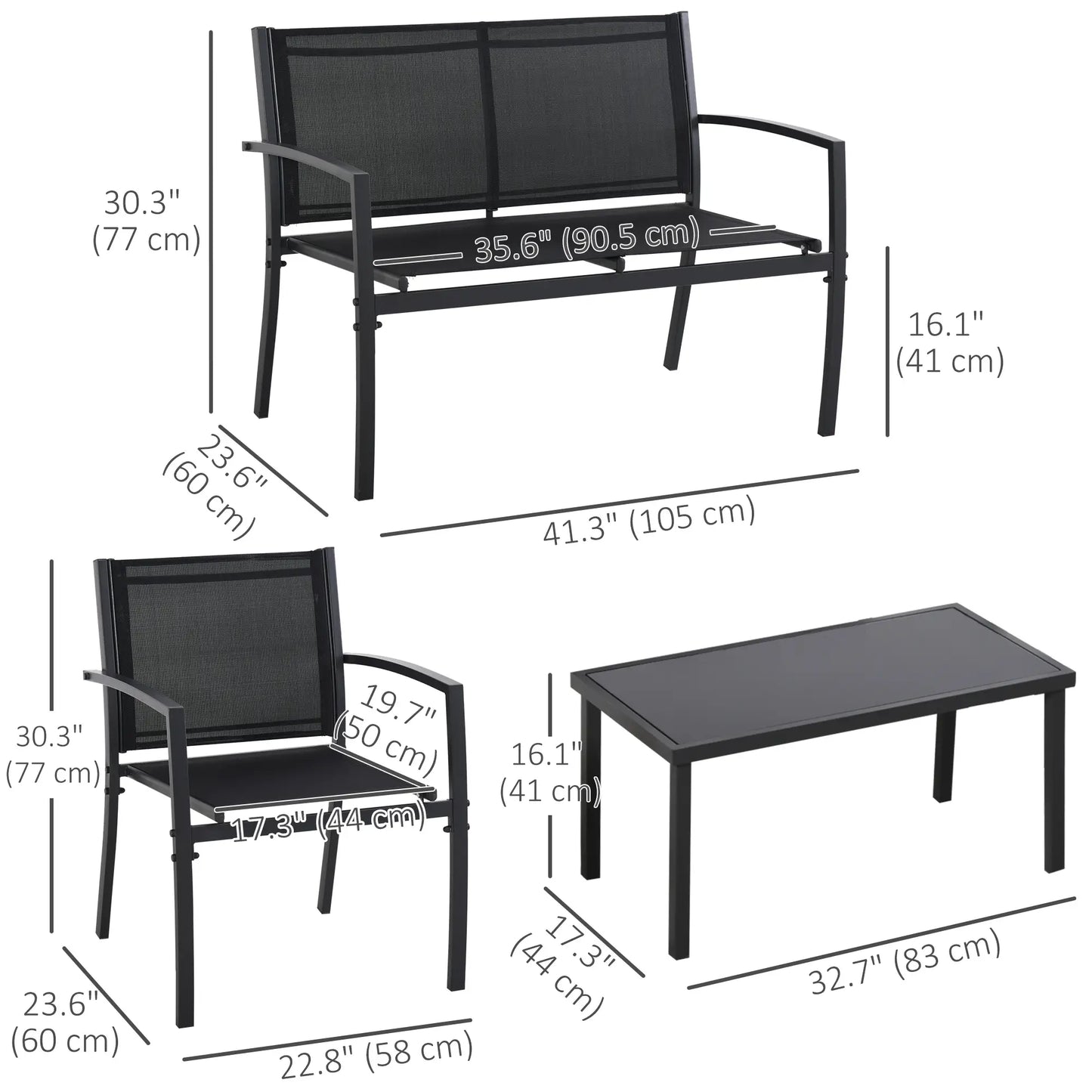 4-Piece Patio Set, Glass Top Coffee Table, Breathable Mesh, Black Patio Furniture Sets at Gallery Canada