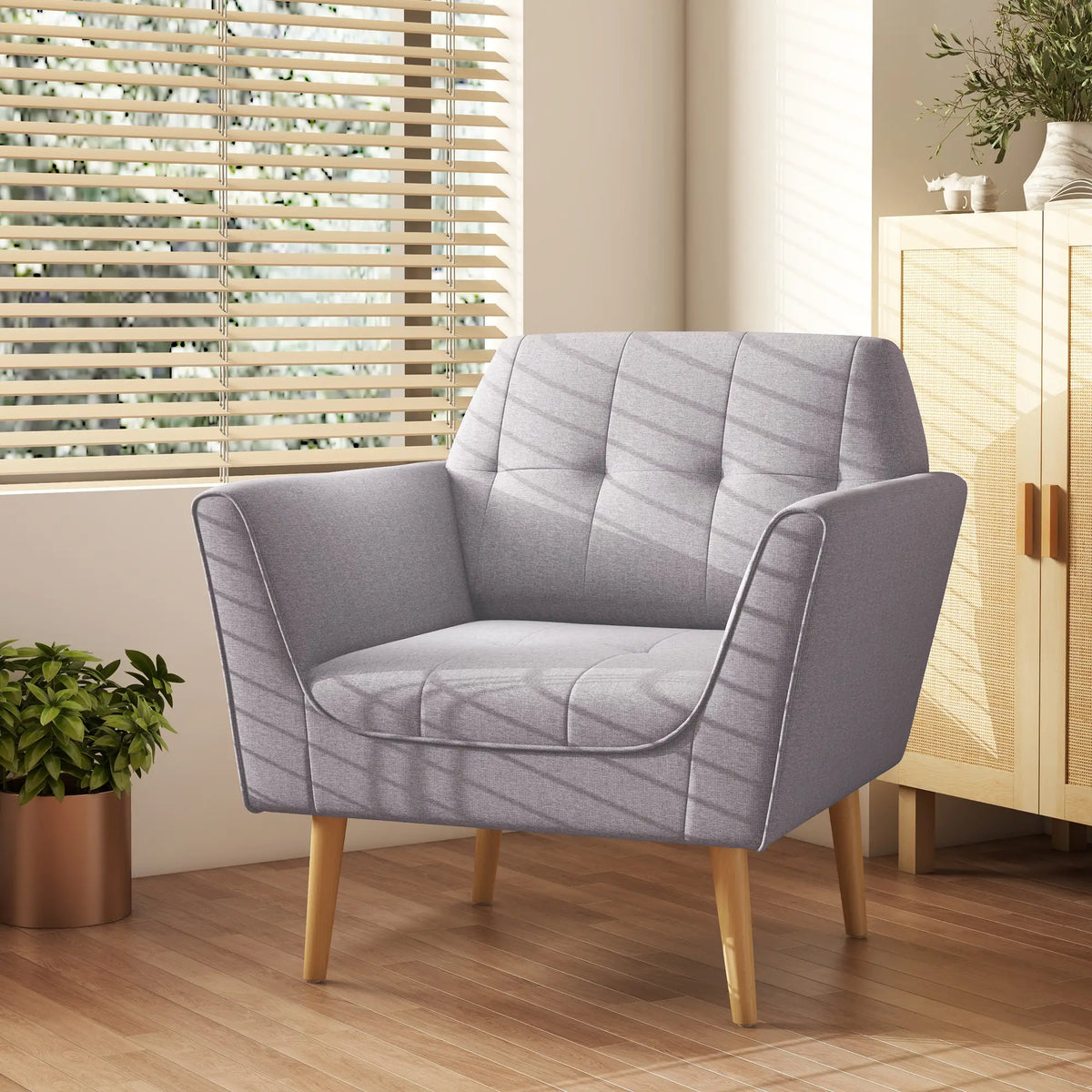 Upholstered Armchair, Modern Tufted Accent Chair, Rubber Wood Legs, Grey Accent Chairs at Gallery Canada
