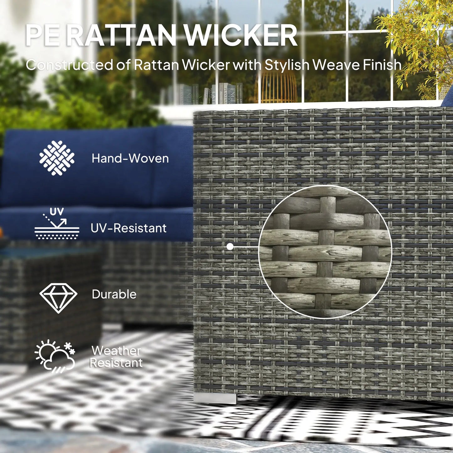 4pc Rattan Wicker Outdoor Furniture Set, Corner Sofa Loveseats Coffee Table, Navy Blue Patio Furniture Sets at Gallery Canada