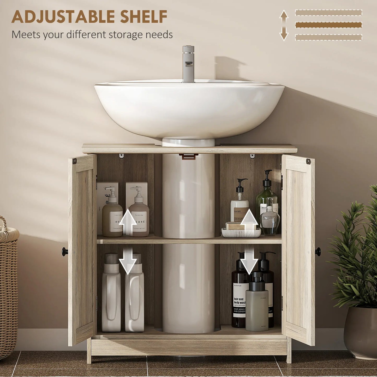 Bathroom Vanity, 24" Pedestal Sink Bathroom Vanity Furniture with 2 Doors and Shelf, Grey Wood Grain Sink Cabinets at Gallery Canada