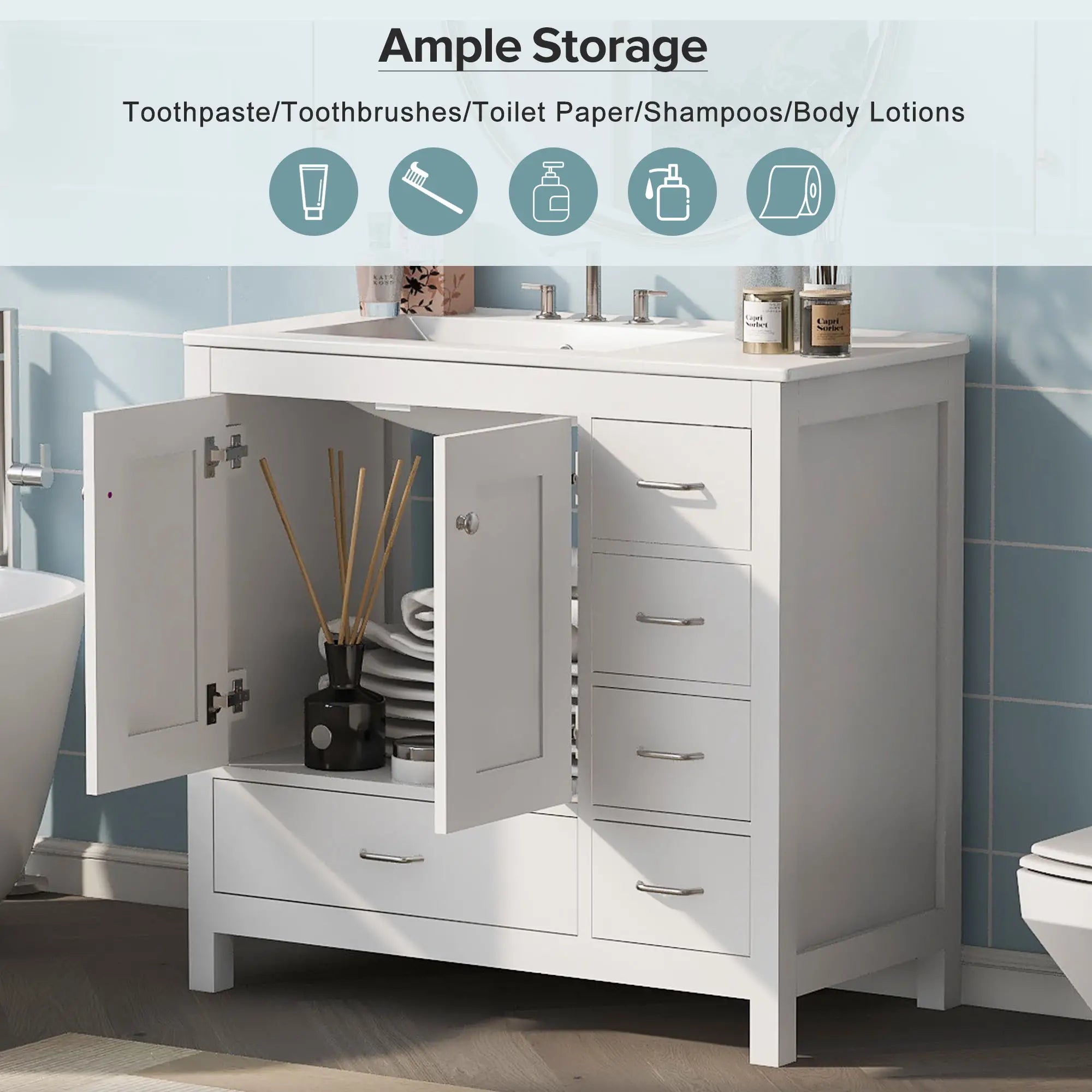 Bathroom Vanity, Ceramic Sink, 2 Soft Close Doors, 5 Drawers, 36