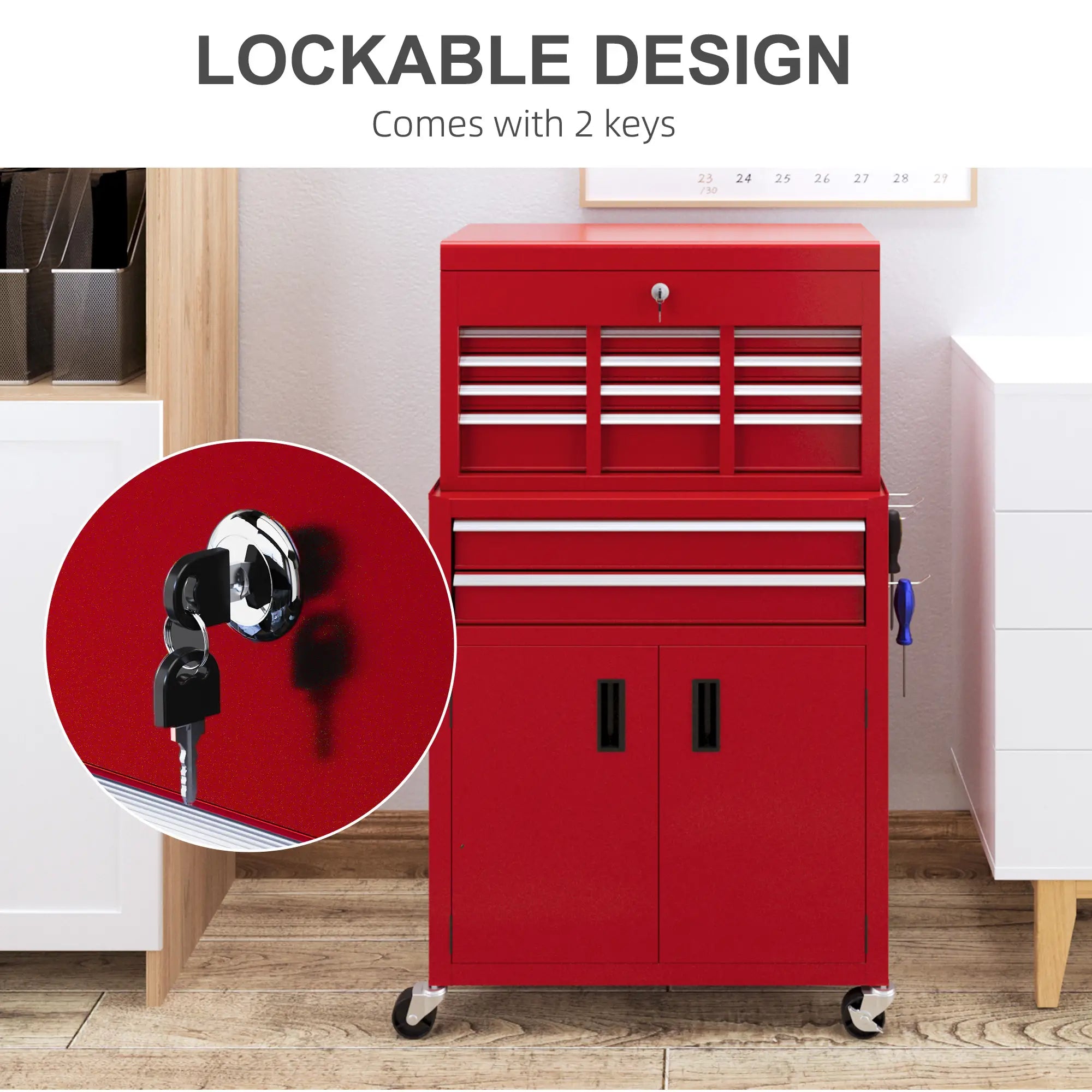 6-Drawer Rolling Tool Chest, 2 in 1 Lockable Storage Cabinet, Red Tool Organizers at Gallery Canada