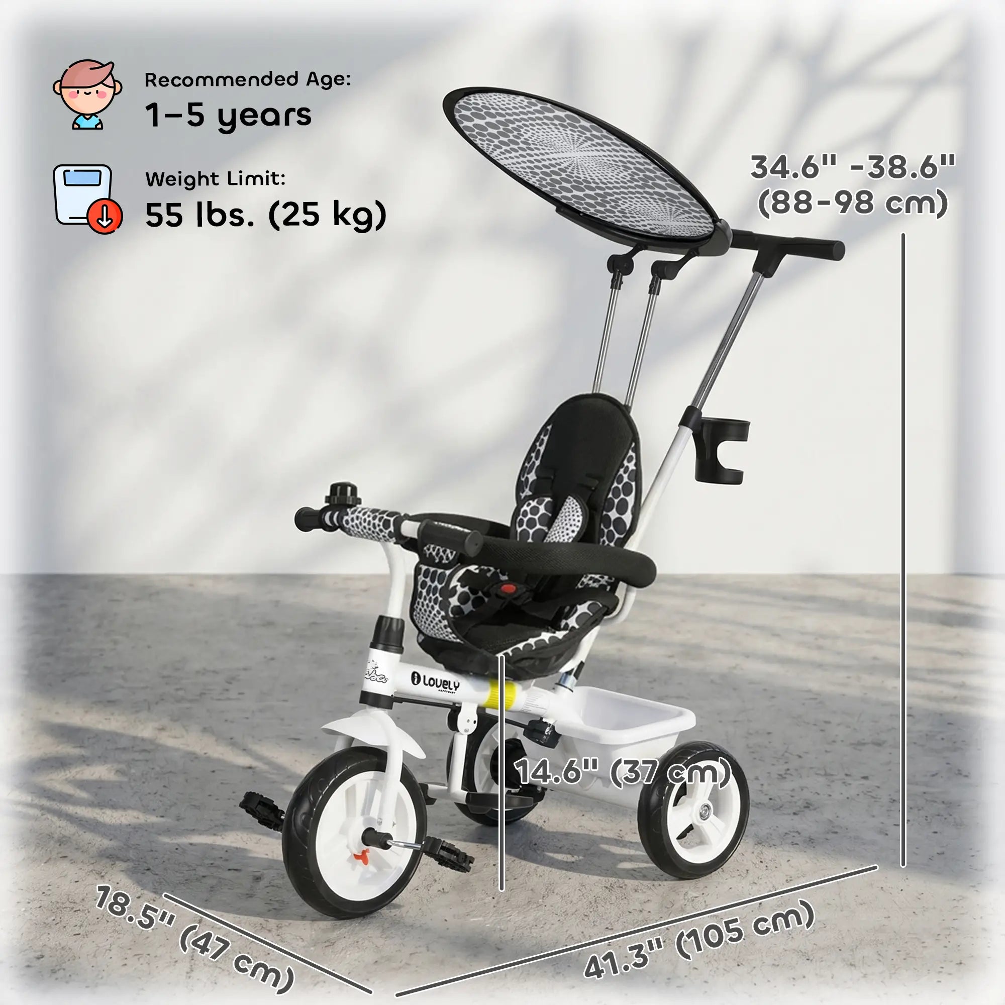 6 in 1 Kids Tricycle, Removable Handlebar, Canopy, White Tricycles for Kids at Gallery Canada