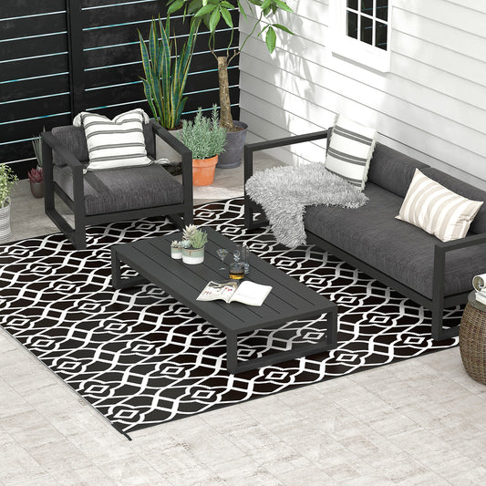 Reversible Outdoor Rug, Waterproof Plastic Straw RV Rug with Carry Bag, 8' x 10', Black and White Clover - Gallery Canada
