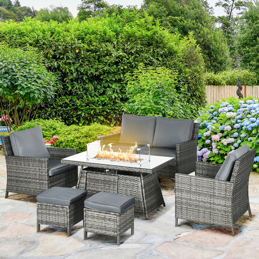 6 Piece Patio Furniture Set with 50,000 BTU Gas Fire Pit Table, Outdoor PE Rattan Dining Table and Chair Set, Sectional Conversation Sofa Set with Cushions, Grey - Gallery Canada
