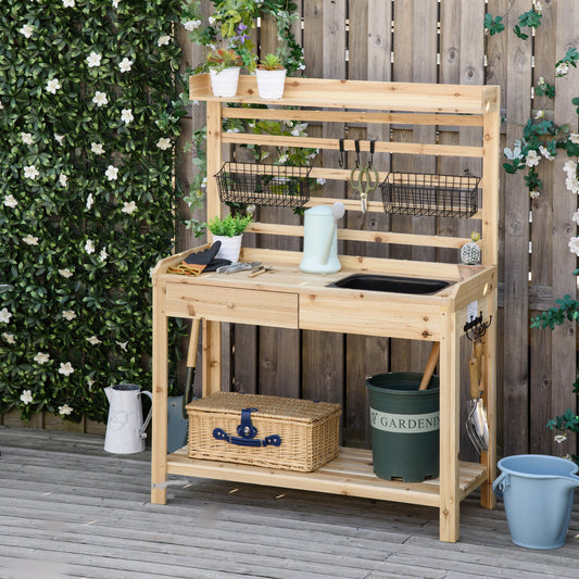 Potting Bench Table, Garden Work Bench, Workstation with Metal Sieve Screen, Removable Sink, Additional Hooks and Baskets for Patio, Courtyards, Balcony, Natural - Gallery Canada