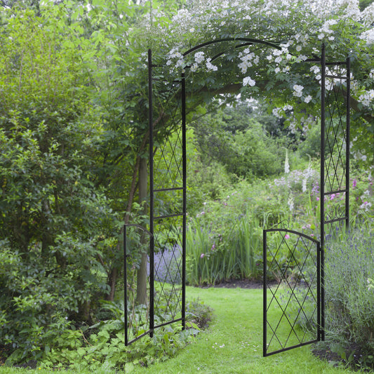 7FT Metal Garden Arch with Gate Climbing Planter Frame Backyard Decor for Vines Morning Glory Black - Gallery Canada