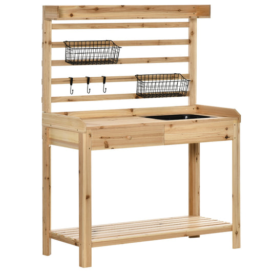 Potting Bench Table, Garden Work Bench, Workstation with Metal Sieve Screen, Removable Sink, Additional Hooks and Baskets for Patio, Courtyards, Balcony, Natural at Gallery Canada