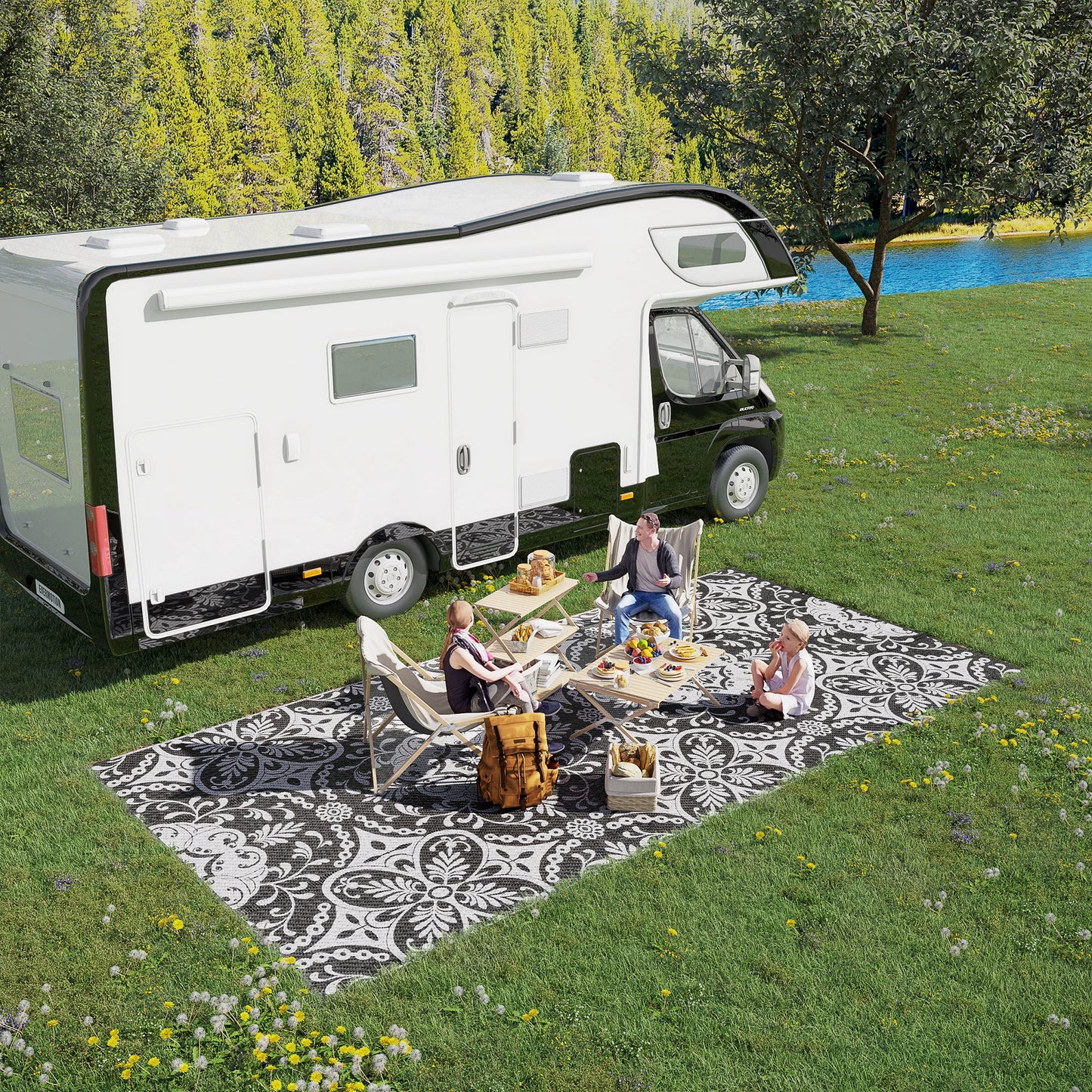 Portable Outdoor Rug with Carry Bag, 9' x 18' Reversible Mat, Waterproof Plastic Straw RV Rug for Backyard, Deck, Picnic, Beach, Camping, Gray &; White Flower at Gallery Canada