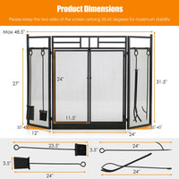 Thumbnail for 3-Panel Folding Wrought Iron Fireplace Screen with Doors and 4 Pieces Tools Set