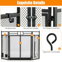Thumbnail for 3-Panel Folding Wrought Iron Fireplace Screen with Doors and 4 Pieces Tools Set