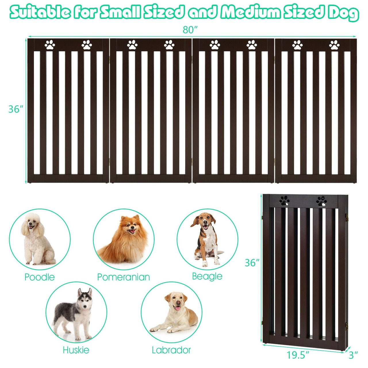 36 Inch Folding Wooden Freestanding Pet Gate with 360° Hinge