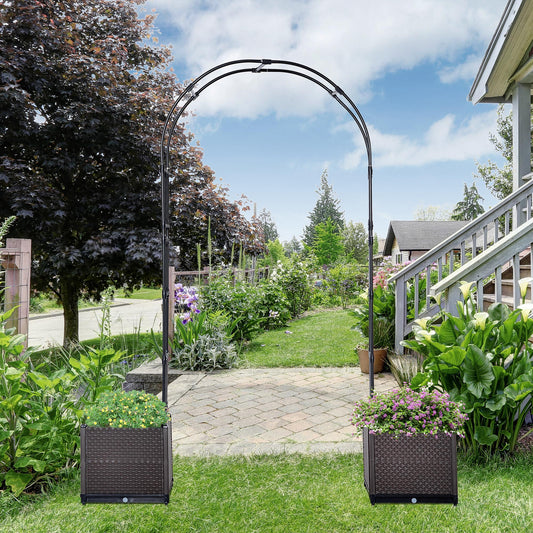 8ft Garden Arch with Two Planters Outdoor Steel Trellis Arbor for Climbing Plants, Weddings, Party, Brown, Black - Gallery Canada