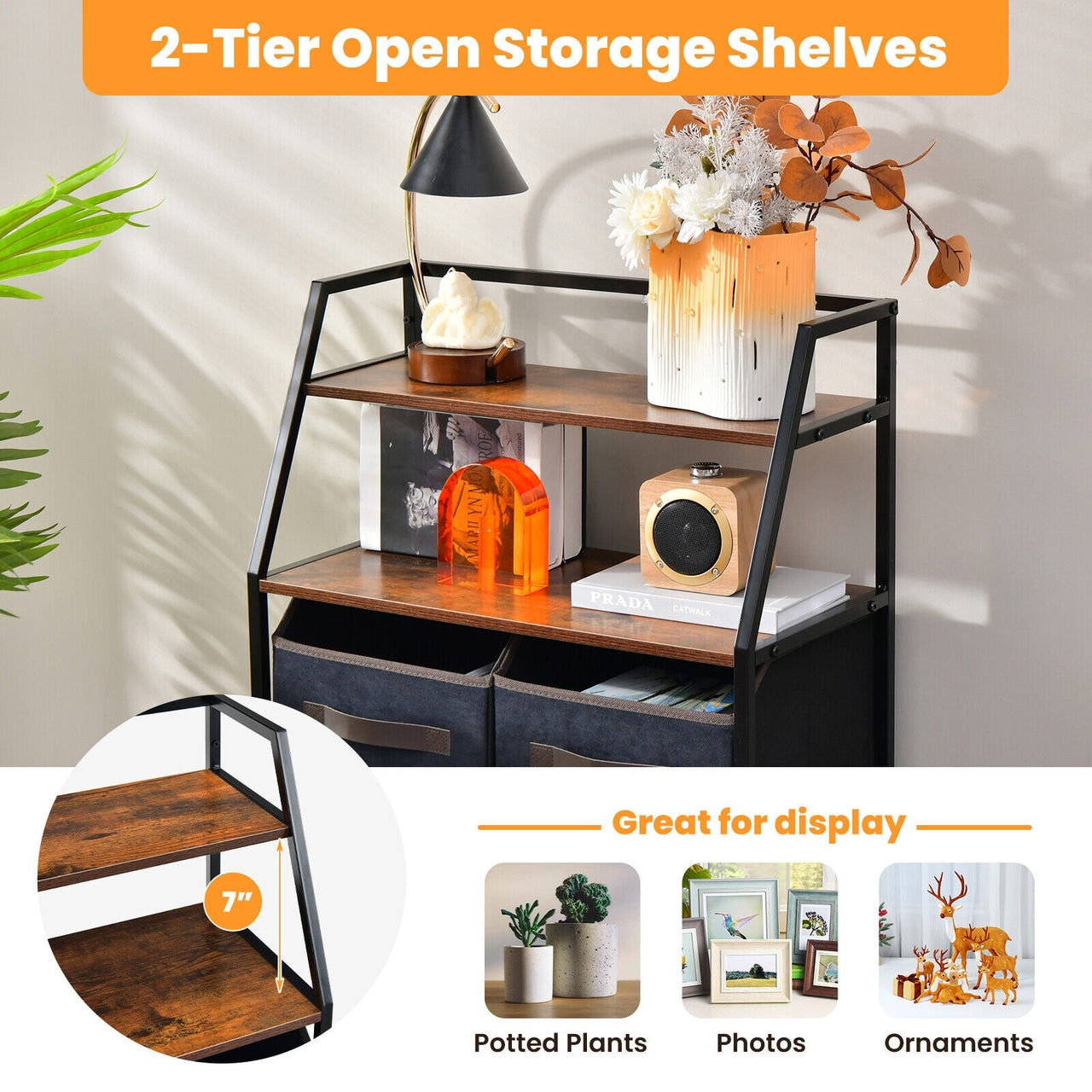 4-Drawer Free Standing Storage Dresser with 2 Open Shelves