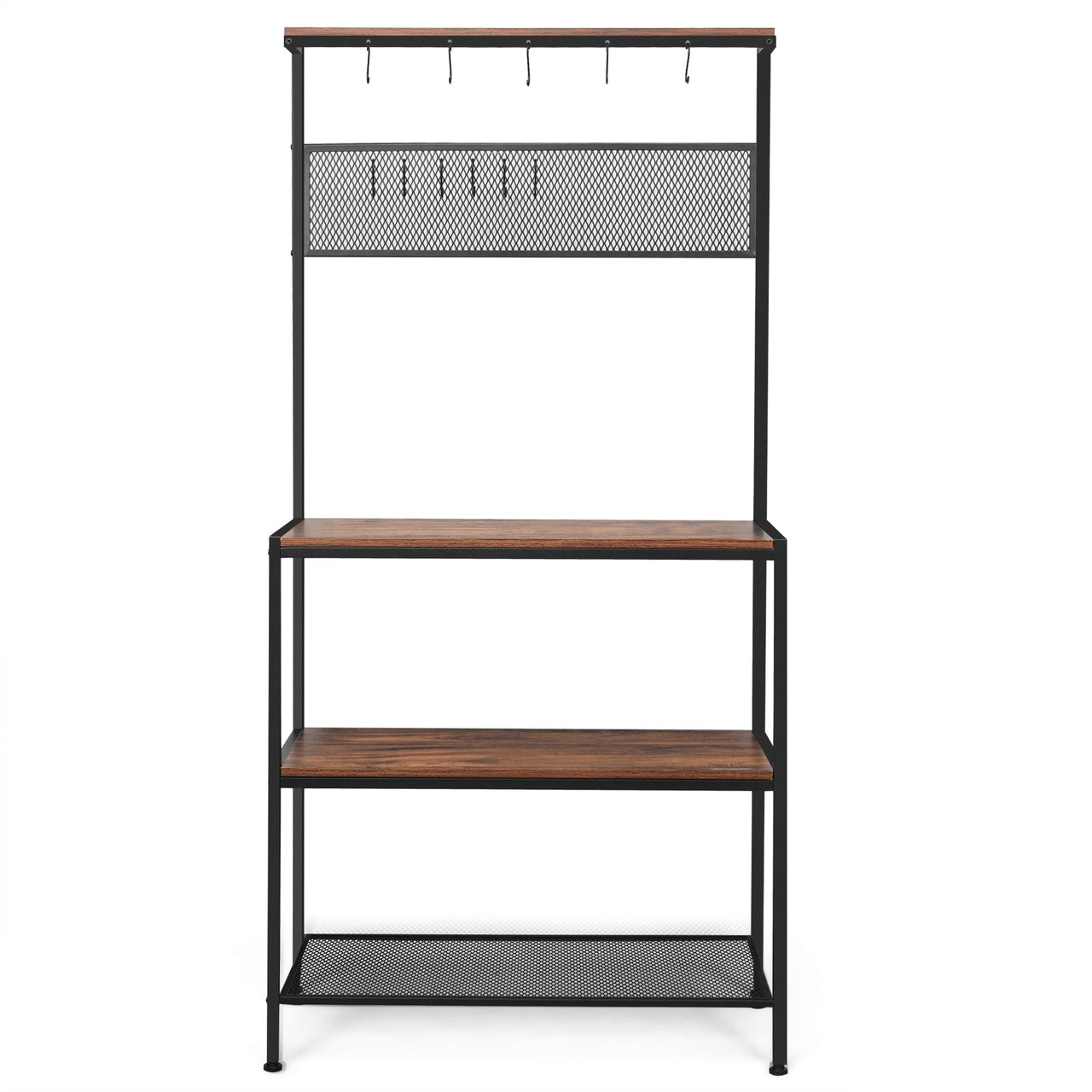 4-Tier Kitchen Rack Stand with Hooks and Mesh Panel
