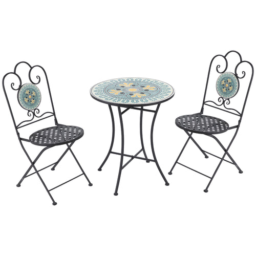 3-Piece Patio Bistro Set with Folding Chairs, Outdoor Coffee Set with Mosaic Top for Backyard, Balcony, Poolside, Green