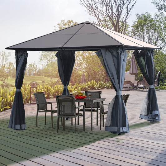9.8' x 9.8' Garden Aluminium Gazebo Hardtop Roof Canopy Marquee Party Tent Patio Outdoor Shelter with Mesh Curtains &; Side Walls, Grey - Gallery Canada