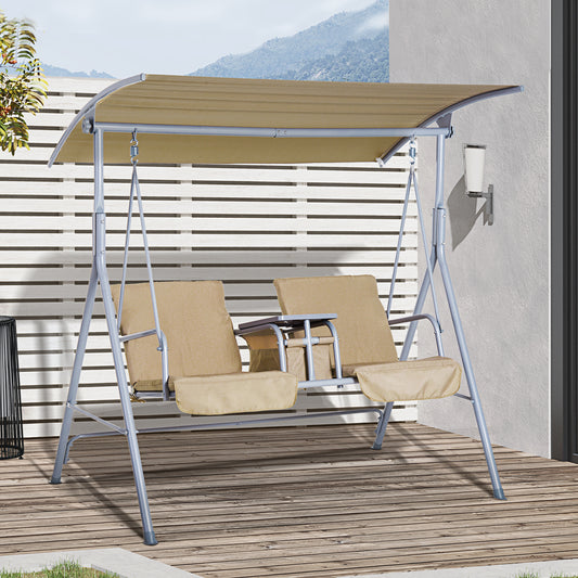 Double Outdoor Swing Chair 2 Person Covered Swing Porch Swing w/ Pivot Table and Storage Console, Beige - Gallery Canada