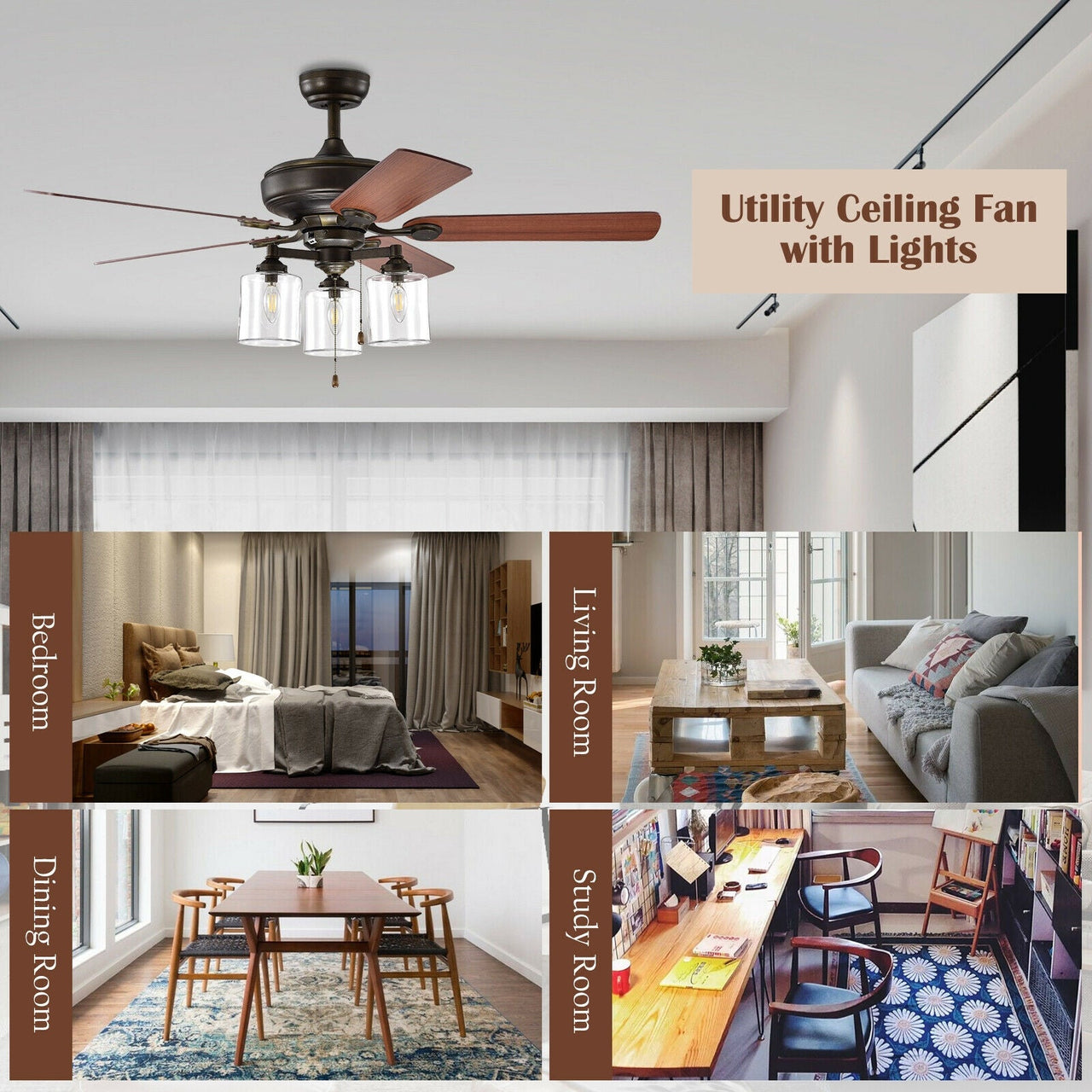 52 Inch Ceiling Fan Light with Pull Chain and 5 Bronze Finished Reversible Blades