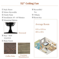 Thumbnail for 52 Inch Retro Ceiling Fan Lamp with Glass Shade Reversible Blade Remote Control