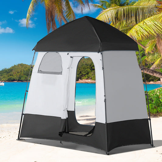 Pop Up Shower Tent, Portable Privacy Shelter for 2 Persons, Changing Room with 2 Windows, 3 Doors, Carrying Bag, Grey and Black - Gallery Canada