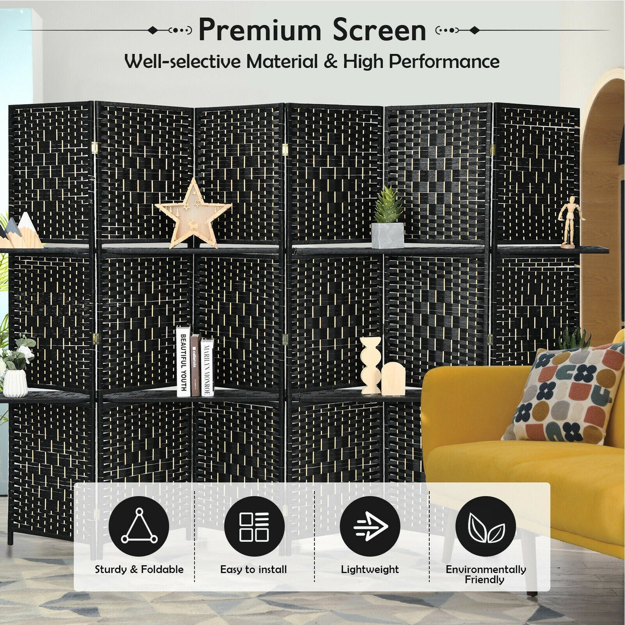 6 Panel Folding Weave Fiber Room Divider with 2 Display Shelves
