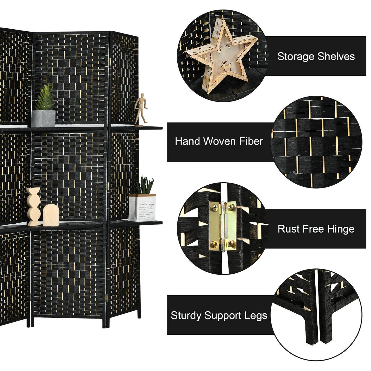 6 Panel Folding Weave Fiber Room Divider with 2 Display Shelves