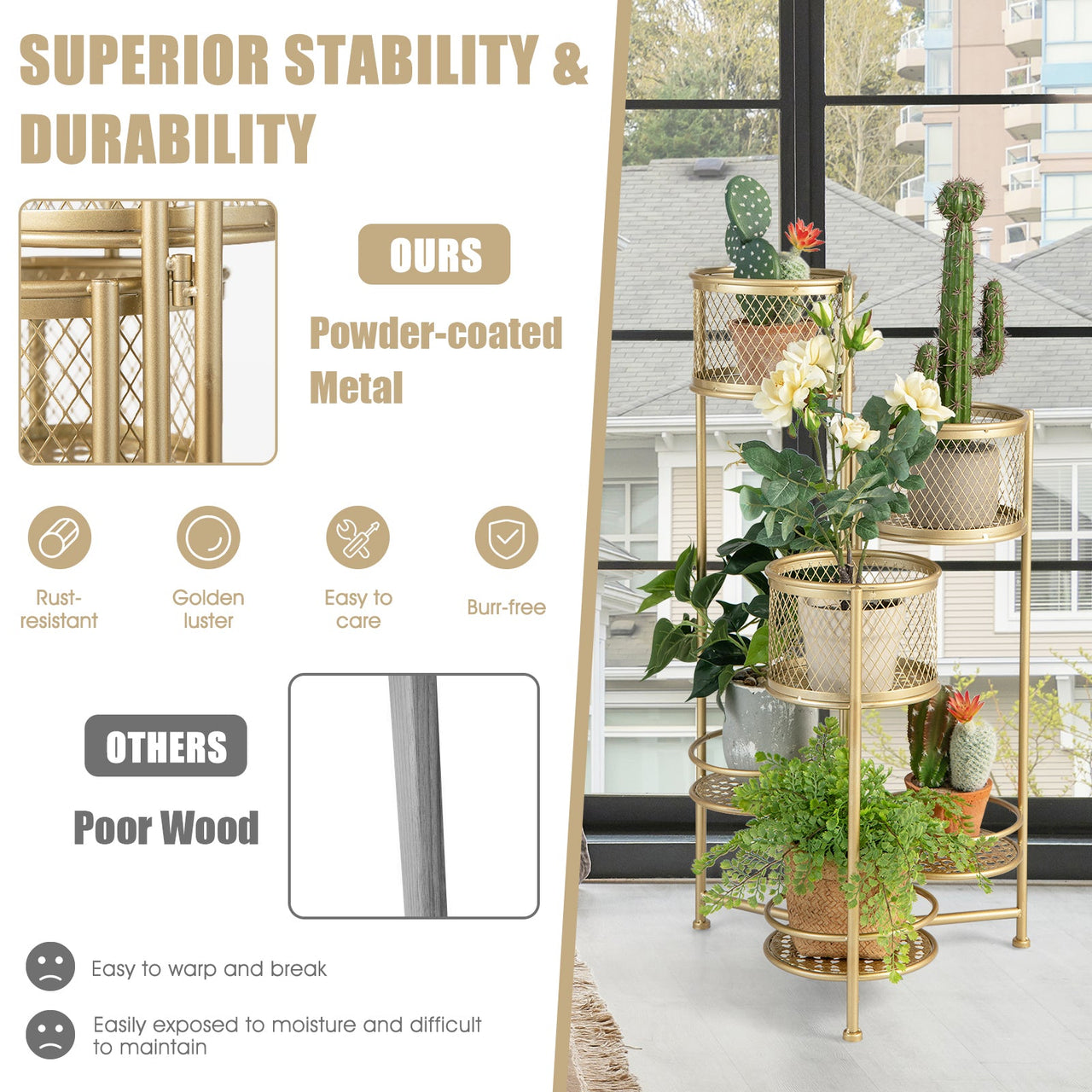 6-Tier Metal Plant Stand with Folding Rotatable Frame for Balcony Garden