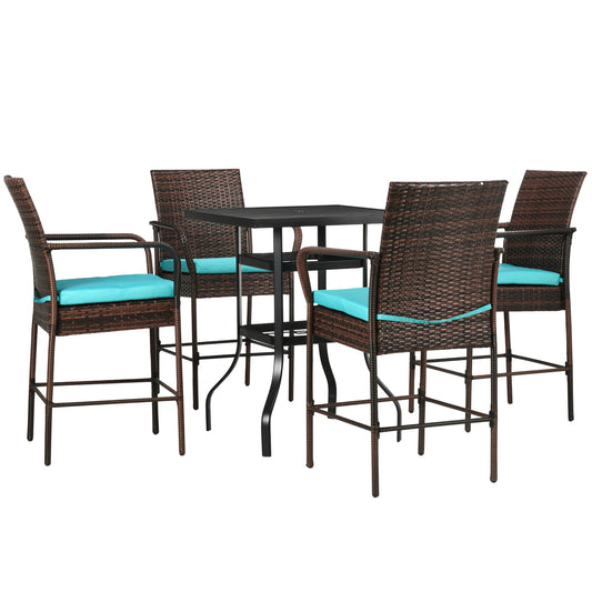 5-Piece Wicker Bar Set, Patio Bar Table Chair with Parasol Hole for Poolside, 31.5"x31.5"x39.8", Brown at Gallery Canada